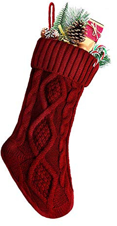 Meiwash Christmas Stockings Cable Knitted Stocking Unique Burgundy Knit Large Size Personalised Gift Bag for Xmas Tree Decorations (Red, 46cm)