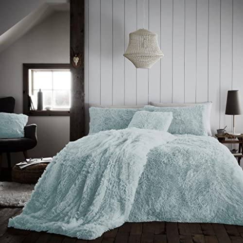 GC GAVENO CAVAILIA HUGG & SNUG Shaggy Faux Fur Single Bedding Set - Fluffy Duvet Cover with Matching Pillowcase | Super Soft, Warm and Cosy Fleece Quilt Cover | Easy Care Machine Washable, Duck Egg