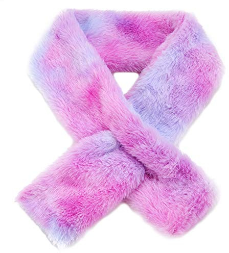 Newfancy Kids Winter Rainbow Scarf Gradient Cross Tie Collar Fluffy Fur Plush Shawl Wrap Neck Warmer for Toddler Girls Boys, Gradient Pink,