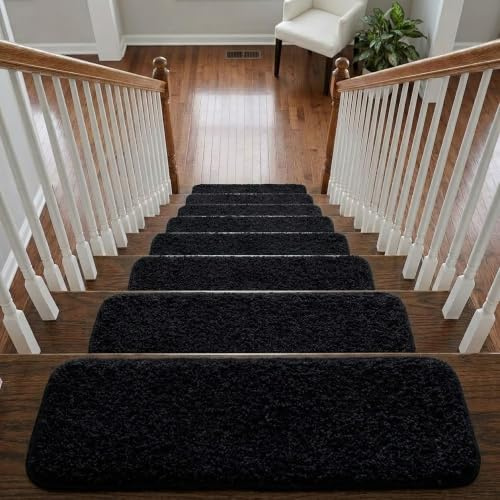 Soft Shaggy Stair Treads Non Slip Machine Washable Carpet Mats 22x67cm 30mm Thick Plush Stair Rugs for Wooden Stairs Indoor Anti Slip Step Mats Safe for Kids Pets (Black, 13)