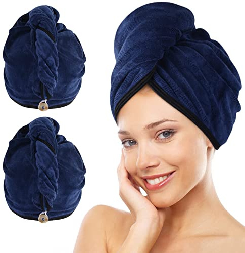 KinHwa Mikrofaser Haarhandtuch Haarturban Extra groß mit Knopf | 30x70 cm, hohe Saugfähigkeit, verkürzt die Föhnzeit, reduziert Frizz, extra weich（Dunkelblau-2er pack）