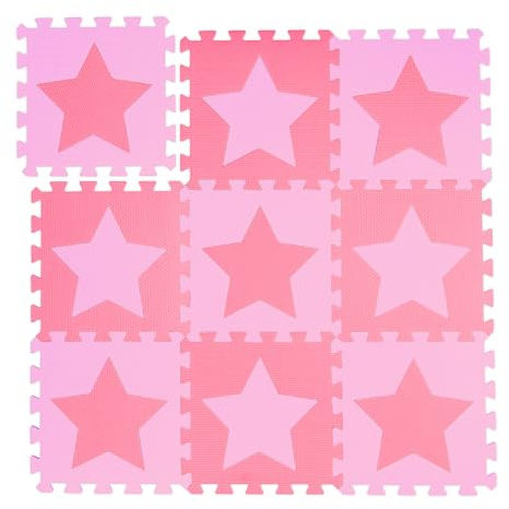 Relaxdays Tappeto Puzzle con Stelle, 9 Tasselli, 18 Parti, Gommapiuma EVA Atossico Area da Gioco 91 x 91 cm, Rosa, Colore, 10031428_1359