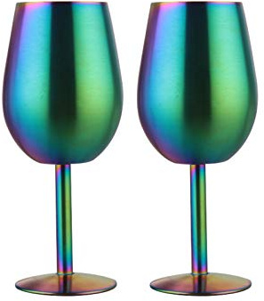 HEFUTE Juego de 2 copas de vino de acero inoxidable multicolor de color arcoíris para agua, aisladas, inastillables, irrompibles, juego de regalo de cristalería iridiscente