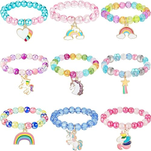 Hicarer 9 Pcs Unicorn Rainbow Bracelets Beaded Jewelry for Unicorn Party Favors Gala Accessories Piñata Stuffers Goodie Bag Fillers Gift(Elegant Style)
