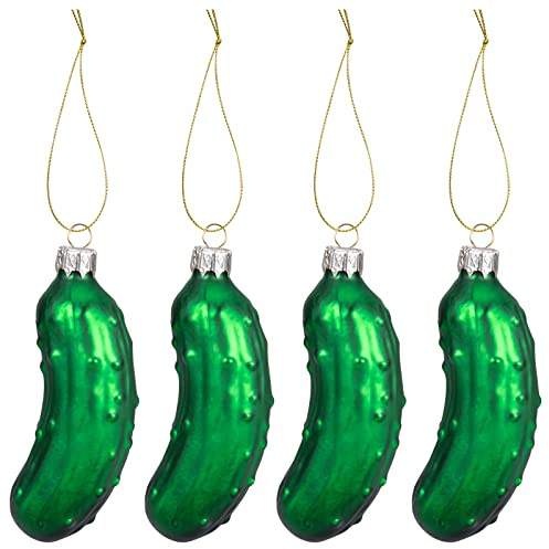 2025 Christmas Tree Decorations Glass Pickle Ornament, Traditional Christmas Hanging Decorations, 4pcs Blown Glass Cucumber Ornaments, Green Xmas Tree Pendant