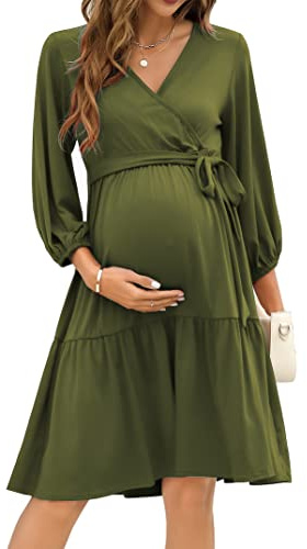 KOJOOIN Abito Premaman da Donna Abito da Allattamento Volant Abiti da Gravidanza con Cintura Scollo a V Maniche 3/4 Verde Militare L