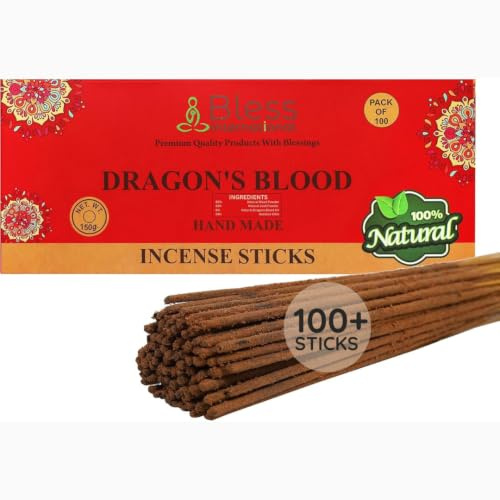 Bless-Dragons-Blood-Incense-Sticks Handmade-Hand-Dipped Organic-Chemicals-Free for-Purification-Relaxation-Positivity-Yoga-Meditation The-Best-Woods-Scent (100 Sticks (150GM))