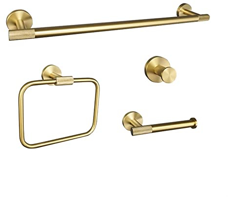 KLZUOPT Bathroom Shelves Bathroom Accessories Towel Robe Hook, Towel Ring Bar Hanger, Toilet Tissue Roll Paper Holder, Bathroom Hardware Set Brushed Gold (Color : 4 Pieces Set)