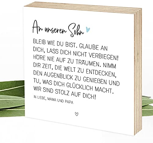 Wunderpixel® Holzbild Bleib wie du bist - Geschenk-Idee von Eltern für Sohn - persönliche Worte - Aufsteller & Wand-Deko - zum Auszug, 18. Geburtstag, Abitur, Studium – 15x15x2cm - personalisierbar