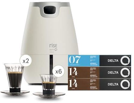 Delta Q | Cafetera Rise Blanco 19 Bares Extracción Inversa + 20 cápsulas | Incluye 20 Cápsulas Intensidad 14 + 10 Descafeinado, 6 Tazas Compatibles