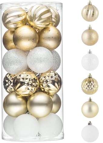 Valery Madelyn Weihnachtskugeln,24stück Christbaumkugeln Weihnachtskugel mit Geschenkpaket,Weihnachtsbaumschmuck Christbaumschmuck mit Aufhänger,deko Weihnachten,Thema Weiß Gold