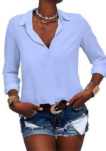 Zitiki Blusa de Mujer con Cuello en V, Camisa con Botones, Manga Larga, Gasa, Oficina, Informal, Tops de Negocios, Azul Claro, M