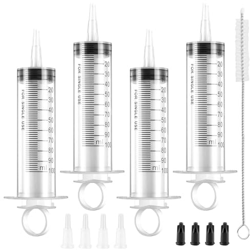4 stycken 100 ml spruta, spruta med 4 tätningsverktyg, syringar med rengöringsborste, plastspruta för laboratorieexperiment djurfoder, trädgårdsarbete, industriella tillämpningar