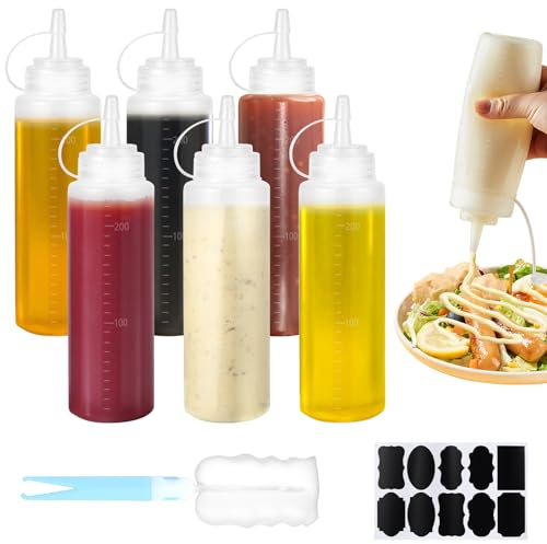 CoKeeSun 6PCS Sauce Bottle 8oz, Squeeze Bottle 250ml, Reusable Squeezy Bottles with Nozzles, Sauce Bottles with Cleaning Brush Sticker for Condiment Ketchup BBQ Olive Oil Salad Dressing (6 PCS)