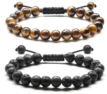 Adramata Pulsera Hombre de Piedras Naturales 8MM - Ojo de Tigre y Piedra de Lava - Pulseras de Cuentas Ajustables - Regalo para Hombre