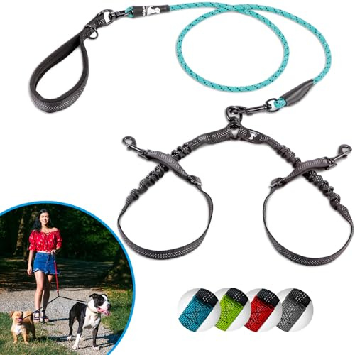 SparklyPets Correa Doble para Perro para 2 Perros pequeños – Correa Doble elástica sin enredos para Dos Perros pequeños con acopladores Ajustables y Mango Suave (Verde Azulado, pequeño)