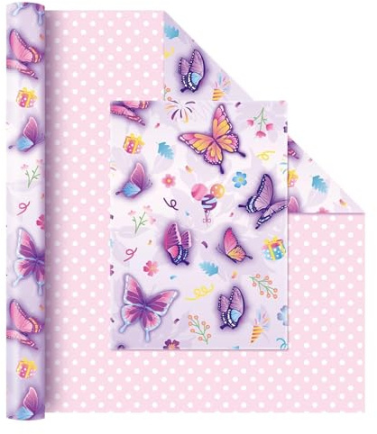 WERNNSAI 1 Rolle Schmetterling Geschenkpapier 10m x 43cm Wendbar | Schmetterlinge Geburtstagsparty Deko Lila Rosa Pink mit Tupfenmuster Geschenkverpackung für Kinder