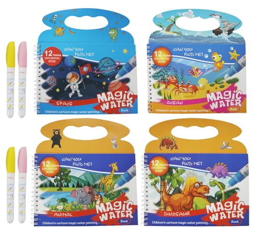 Alppihym Magisk vattenmålarbok uppsättning om 4 – återanvändbara vattenmålarböcker med magisk färgeffekt, oändligt roligt måleri med Water Wow-teknik