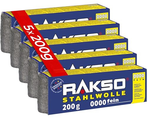 RAKSO Stahlwolle extrafein 0000-1 kg, 5 Banderolen à 200g, poliert gewachstes Holz, Kupfer, Messing, mattiert Oberflächen, säubert Glas