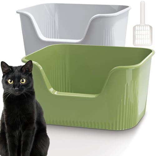 Vealind Katzentoilette, hohe Seite mit niedrigem Eingang, 2 Stück, 100 % auslaufsicher, hohe Kätzchentoilette für Innenkatzen, Katzentoilette mit Schaufel