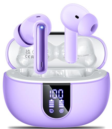 AOVOCE Ecouteurs Bluetooth sans Fil Casque Bluetooth 5.3 avec 4 ENC Réduction Bruit Mic Écran LED HiFi Son Stéréo 42H Durée Lecture IP6 Étanche Sport Casque Contrôle Tactile pour iOS Android Violet