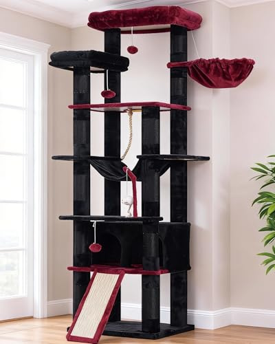 Heybly Kratzbaum, 200 cm hoch, Katzenbaum, mit 11 Kratzsäulen, groß Plattformen, 2 Korb, Hängematte, Höhle, Plüschbälle, mehrstöckiger Katzenkratzbaum, Schwarz + Rot HCT033BR