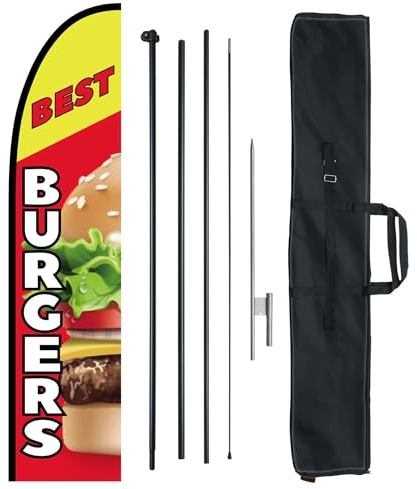 VEVOR Kit de Mástil y Bandera de Pluma para Restaurante de Hamburguesas Kit de Bandera de Pluma para Exteriores de Negocios, Incluye 1 bandera (BURGERS), 1 Mástil de 4,5 m, 1 Estaca para el Suelo