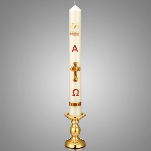 Cirios Pascual Catolico Paschal Candle with Holder Catholic First Communion Baptism Gift Virgen De Guadalupe Cross Prayer Candle Decoration for Catholic First Communion Church Supplies(Large)