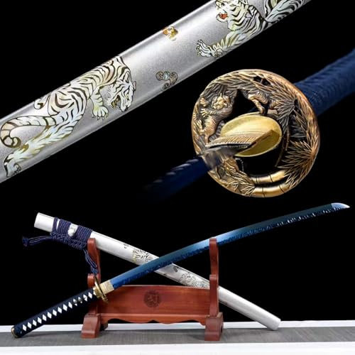 103cm japanisches Katana,Kohlenstoffstahl Klinge mit Geschmiedetes Steinmuster,reinem Kupfer Handschutz,Holzscheide mit gemalte Muster,handgefertigt Samurai-Schwert für Kendo,Geschenke,Dekoration