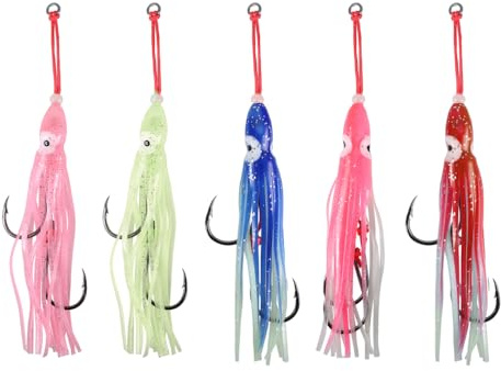 Tintenfischrock Köderhaken, 5 Stück Octopus Jigs Swimbait Set mit Widerhaken und Leuchtendem Tintenfischrock Köder für das Meeresangeln Im Salzwasser