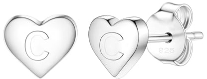 Delicate S925 Silver Heart Pendant Earrings Gift 26 Letter Initial A-Z Stud Erarrings For Women Girls Mum Daughter Sisters Friends Lover Birthday Christmas Party Silver Jewellery (C)