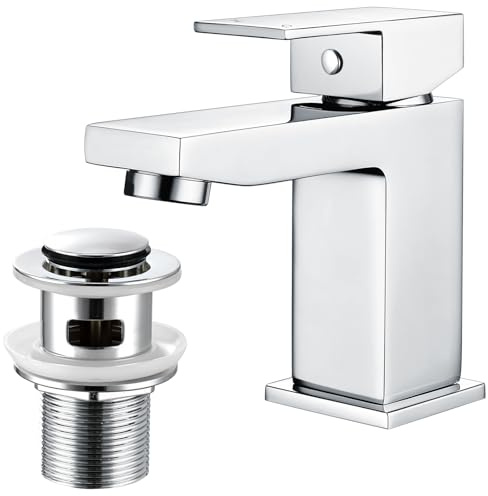 Bathroom Sink Taps Basin Mixer Tap with Pop Up Waste, Square Basin Taps Modern Mono Single Lever Bathroom Mixer Taps with Drain for Bathroom, Washroom, Cloakroom, Chrome