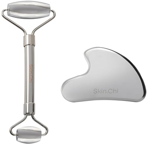 Skin Chi Stainless Steel Roller and Gua Sha Set - Stainless Steel Face Massager for Anti-Aging, Reducing Facial Puffiness & Enhancing Skin Care Absorption - Self-Care Gift for Women & Men