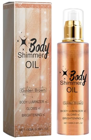 Körper-Schimmeröl Gesichtsaufheller Glow-Luminizer 100 ml Makeup Glanzöle Schimmernder Körper-Glitzeröl Wasserdicht Langlebig Feuchtigkeitsspendende Flüssigkeit Körperglitteröl (Goldbraun)