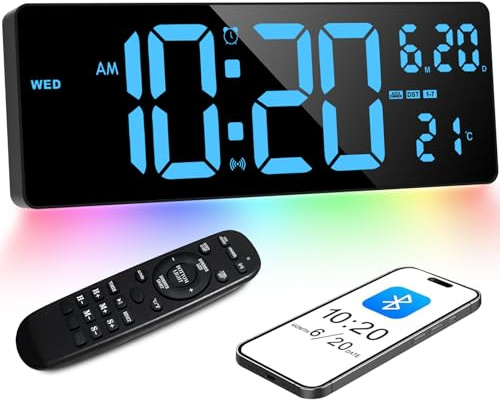XREXS 16,5'' Digitale Wanduhr mit Bluetooth-Zeitsynchronisation, blauem Display und buntem Umgebungslicht. Zeigt Uhrzeit, Temperatur, Kalender, Timer und Wecker an ideal für Wohnzimmer, Küche und Büro