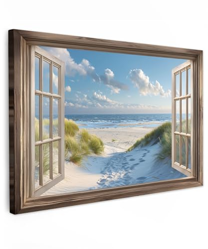 MuchoWow© Leinwand Deko Schlafzimmer Aesthetic Leinwandbilder Wohnzimmer | 90x60 cm - Gemälde Foto Geschenk Living Room Decoration Doorkijk - Strand - Raam - Duinen - Zee