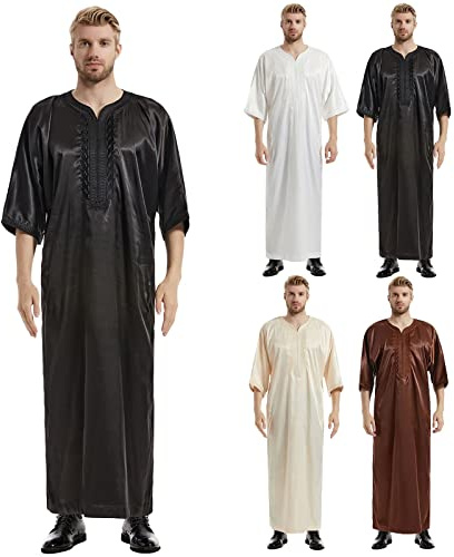 Muslim Thobe Robe longue ethnique brodée à manches mi-longues en satin style arabe du Moyen-Orient pour homme, Noir , M