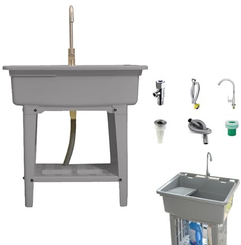 JINGSHIQIAOPL Plastica Lavandino da Esterno con ASSE da Bucato, Lavandino per Lavanderia con Ripiano Portaoggetti, Lavello da Esterno per Lavanderia, Garage, Stazione di Lavaggio(Gray,80cm/31.5in)
