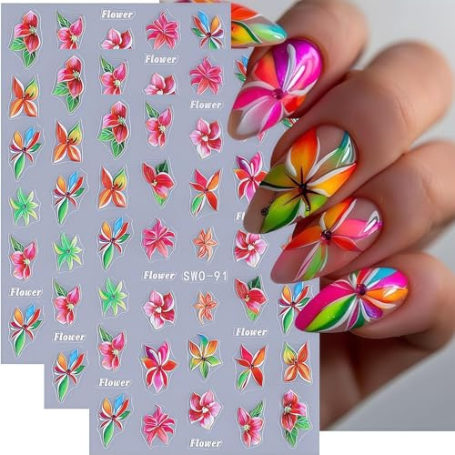 Shimmerz 3 Blätter Blumen Nagelkunst Sticker 5D Relief Blumen Sommer Hawaii Blüten 3D Selbstklebend Design Nagelkunst Dekale Zubehör Blumenstickers
