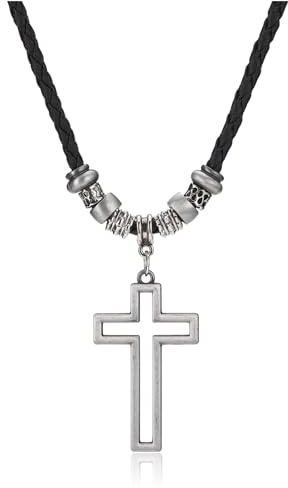 PiercingJak Cross Necklace for Men Leather Cord Mens Hollow Cross Pendant Necklaces Adjustable Leather Rope Cord Mens Cross Chain Necklaces