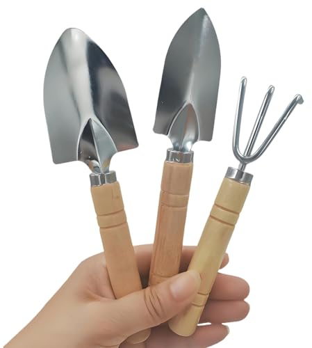 Lot de 3 mini outils de jardin - Petite pelle et râteau à main avec poignée en bois massif - Outils de jardinage d'intérieur pour plantes en pot, plantes succulentes, bonsaï