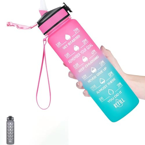 Water Bottle 1L with Straw, Leakproof BPA-Free Plastic Gym Water Bottle with Time Marker, Reusable Sports Water Bottle for Men, Women, Kids – Ideal for Gym, Cycling, Office, Outdoor（Pink and Blue）