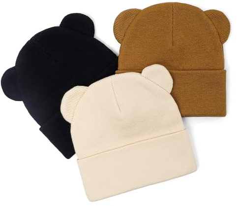 LACOFIA Baby pojkar flickor vintermössa med björnöron småbarn varm stickad mössa mjuk vintermössa hatt från 0 till 36 månader, Svart + brun + beige, 6-3 Jahre