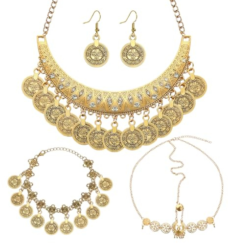 Wahrsagerin Schmuck Set, Indisch/Zigeuner Kostüm Accessoires mit Halsketten, Armbänder, Ohrringe, Kopfschmuck für Frauen für Karneval