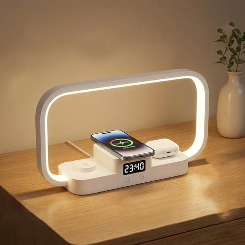 Ruspela 3-in-1 Bedside Lamp Wireless Charger Digital Clock Touch | 5 Colour Modes Stepless Dimming, 10W Fast Charging, Nightstand Desk Lamp, Bedroom Home Office Modern White, USB-C Port