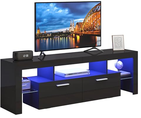 Hyaapwod TV Schrank Hochglanz, Lowboard Schwarz, mit LED-Beleuchtung, Fernsehschrank für Fernseher bis zu 70 Zoll, mit Zwei Großen Schränken, 160 x 35 x 45 cm, Schwarz