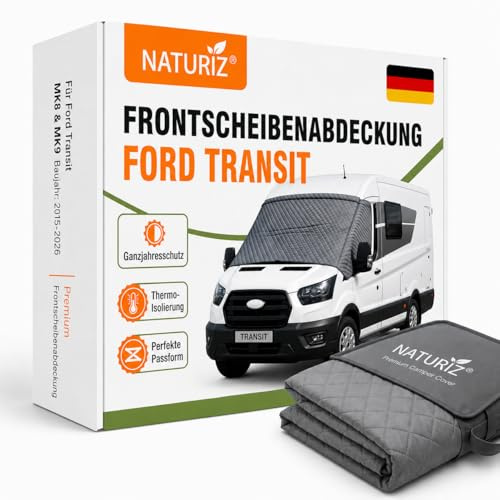 NATURIZ® Frontscheibenabdeckung Ford Transit – Premium Scheibenabdeckung - Thermomatte außen +Sonnenschutz für Wohnmobile – Winterabdeckung Wohnmobil und Kastenwagen, 2015-2026, MK8 & MK9