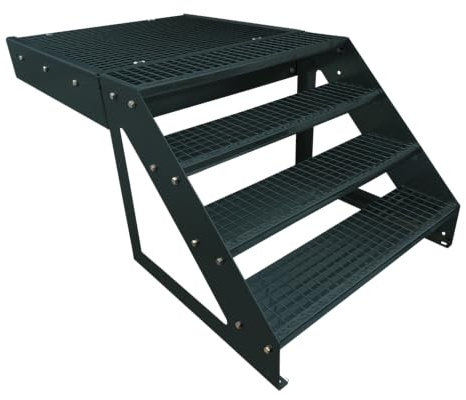 Podesttrappa ståltrappa 4 steg fristående höjd 76 cm inklusive piedestal 100 x 100 cm utan räcke i antracit RAL 7016/orientering trappa fram/fram/utomhustrappa