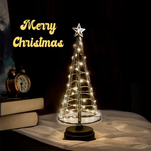 Honesty Santa's Tree,XS Black Mini Weihnachtsbaum Tree 40 warmweiße LEDs auf Kupferdraht, mit Ladedatenleitung ， Tischlampe & schönen Dekorationen für Ihre Zimmer, 260mm Hoch