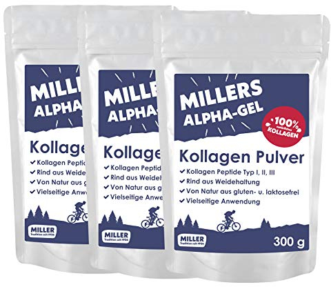 100% reines Kollagen Pulver – Kollagen Peptide – Collagen Protein – Millers Alpha-Gel 3 x 300 g – Ohne Zusatzstoffe – Geschmacksneutral – Collagen Pulver in Deutschland hergestellt